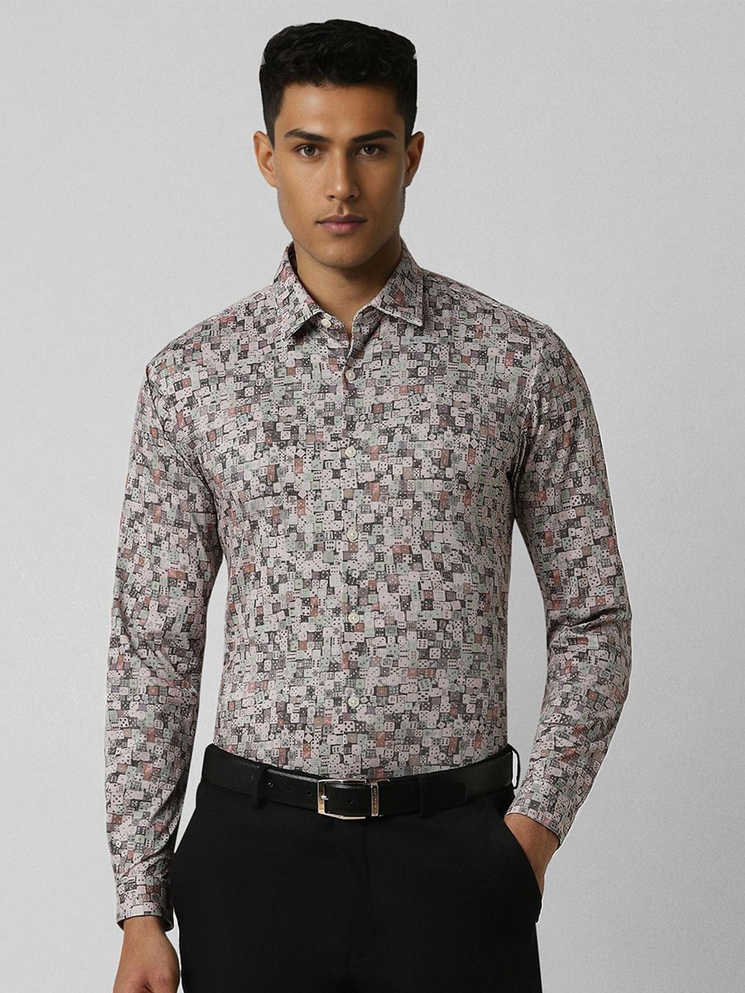 

V Dot Men Spread Collar Abstract Printed Cotton Slim Fit Formal Shirt, Grey