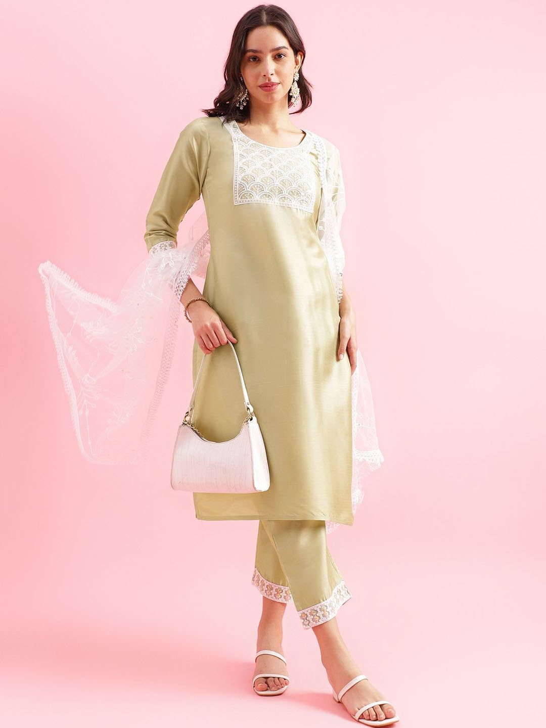 

HRITIKA Floral Yoke Design Thread Work Straight Kurta with Trousers & With Dupatta, Lime green