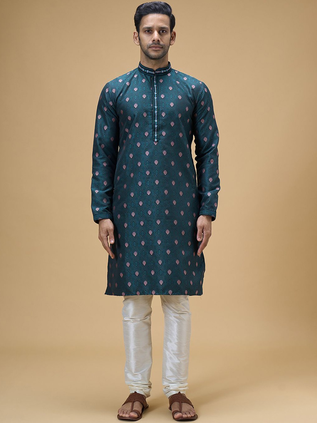 

Arihant Rai Sinha Mandarin Collar Ethnic Motifs Woven Design Kurta with Churidar, Green