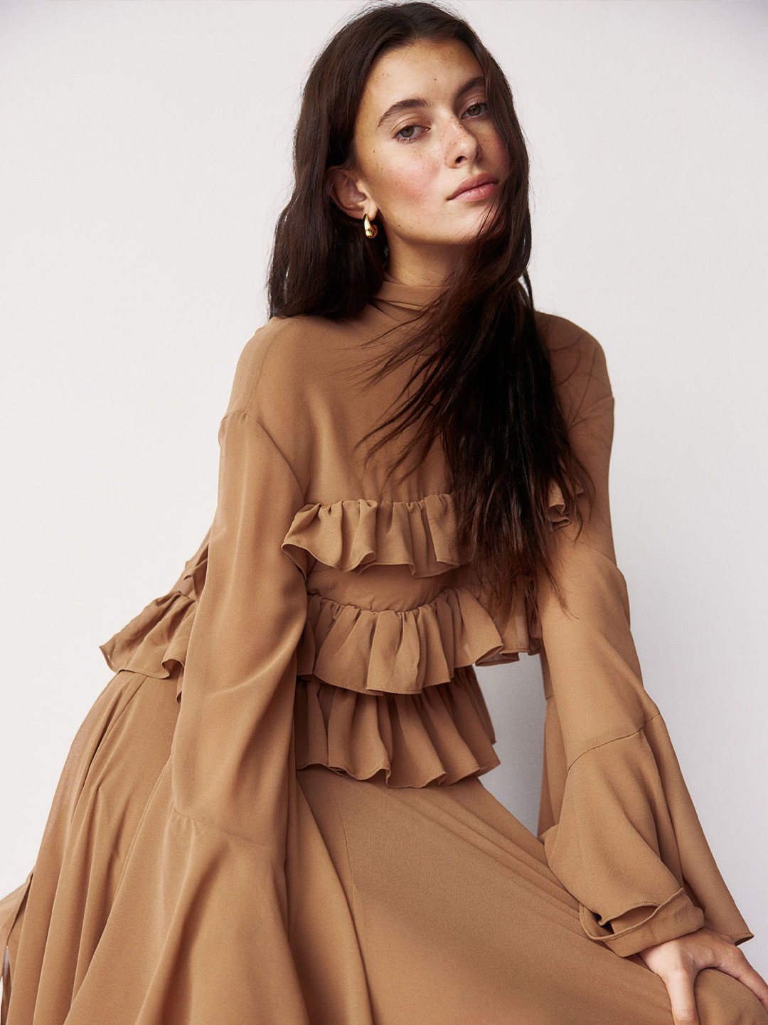 

H&M Frill-Trimmed Chiffon Dress, Beige