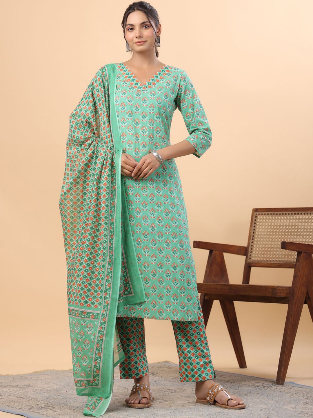 

KALINI V-Neck Floral Printed Pure Cotton Straight Kurta with Trouser & Dupatta, Green