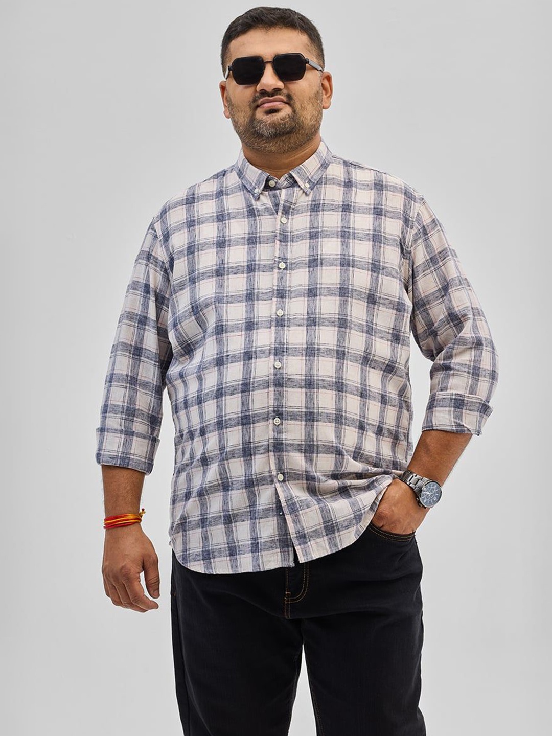 

Snitch Plus Size Men Classic Button-Down Collar Tartan Checked Casual Shirt, White