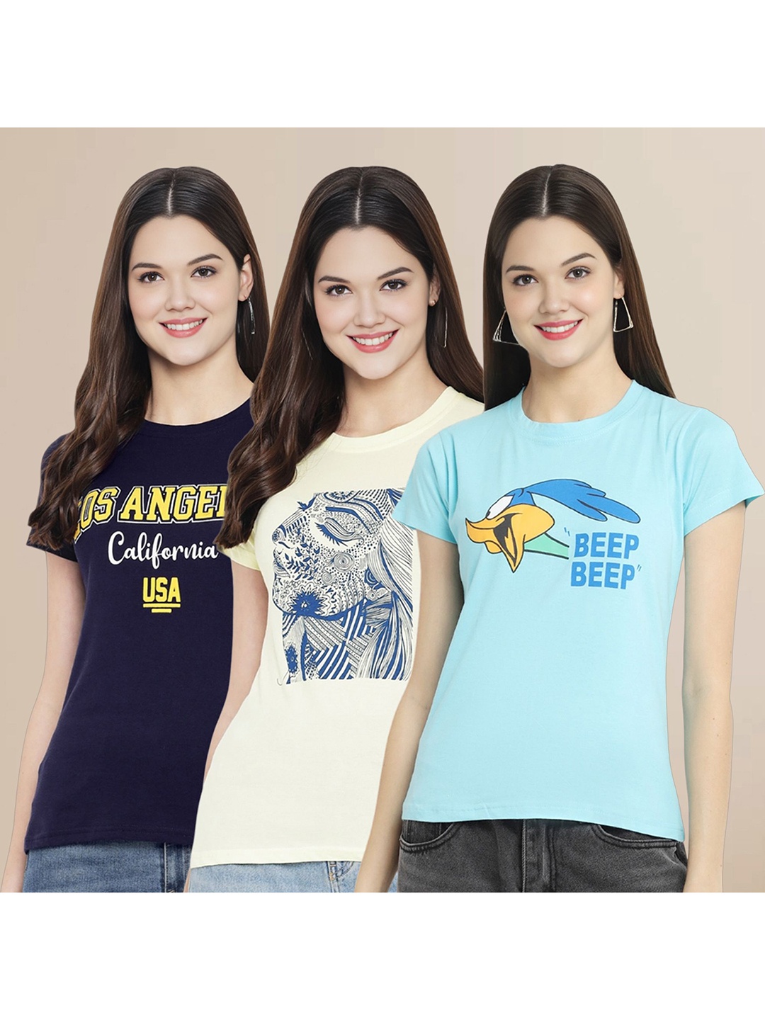 

Metronaut Women Pack Of 3 Typography Printed Round Neck Cotton Looney Tunes T-shirts, Navy blue