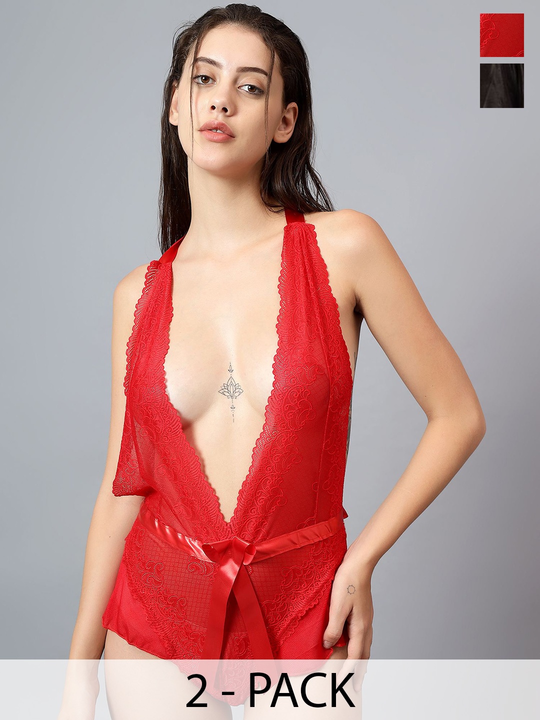 

Velvi FIGURE Women Set Of 2 Self Design Shoulder Straps Flared Baby Doll, Red