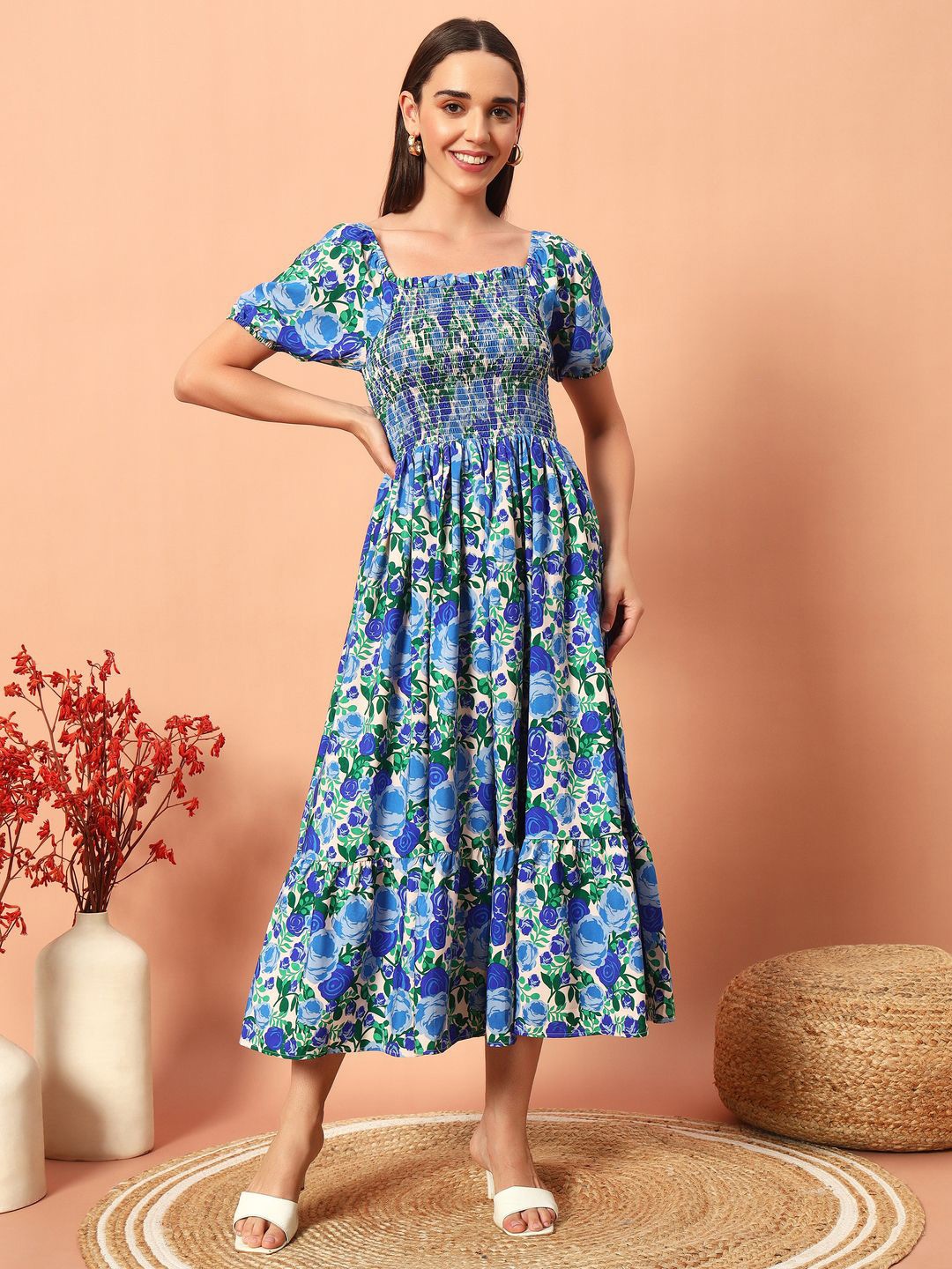 

OTABU Women Floral Printed Puff Sleeve A-Line Midi Dress, Blue