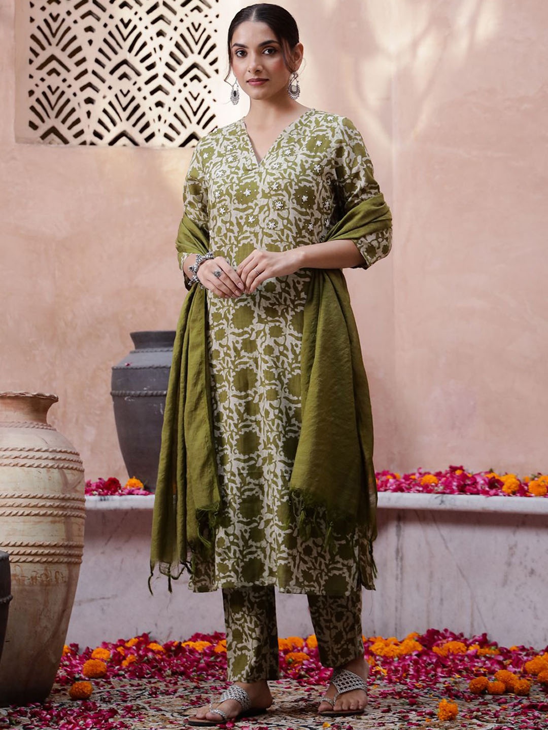 

Sangria Floral Printed Thread Work Pure Cotton Kurta with Trouser & Dupatta, Olive