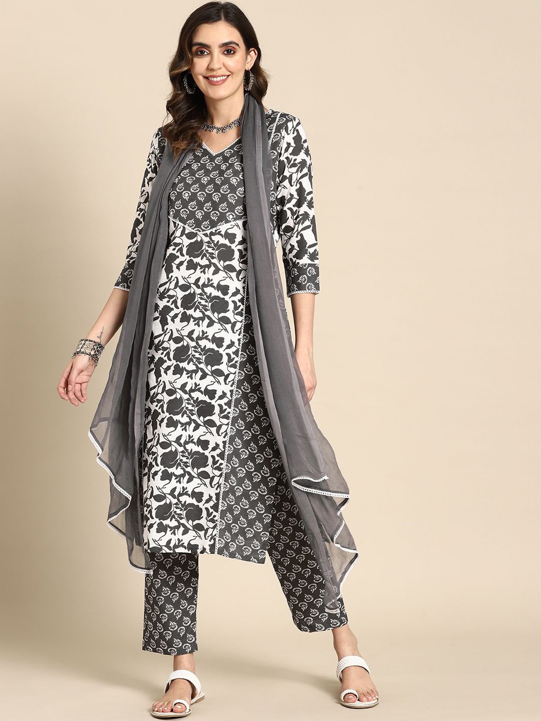 

SAHASIKA Floral Printed Pure Cotton Straight Kurta with Trousers & Dupatta, Grey
