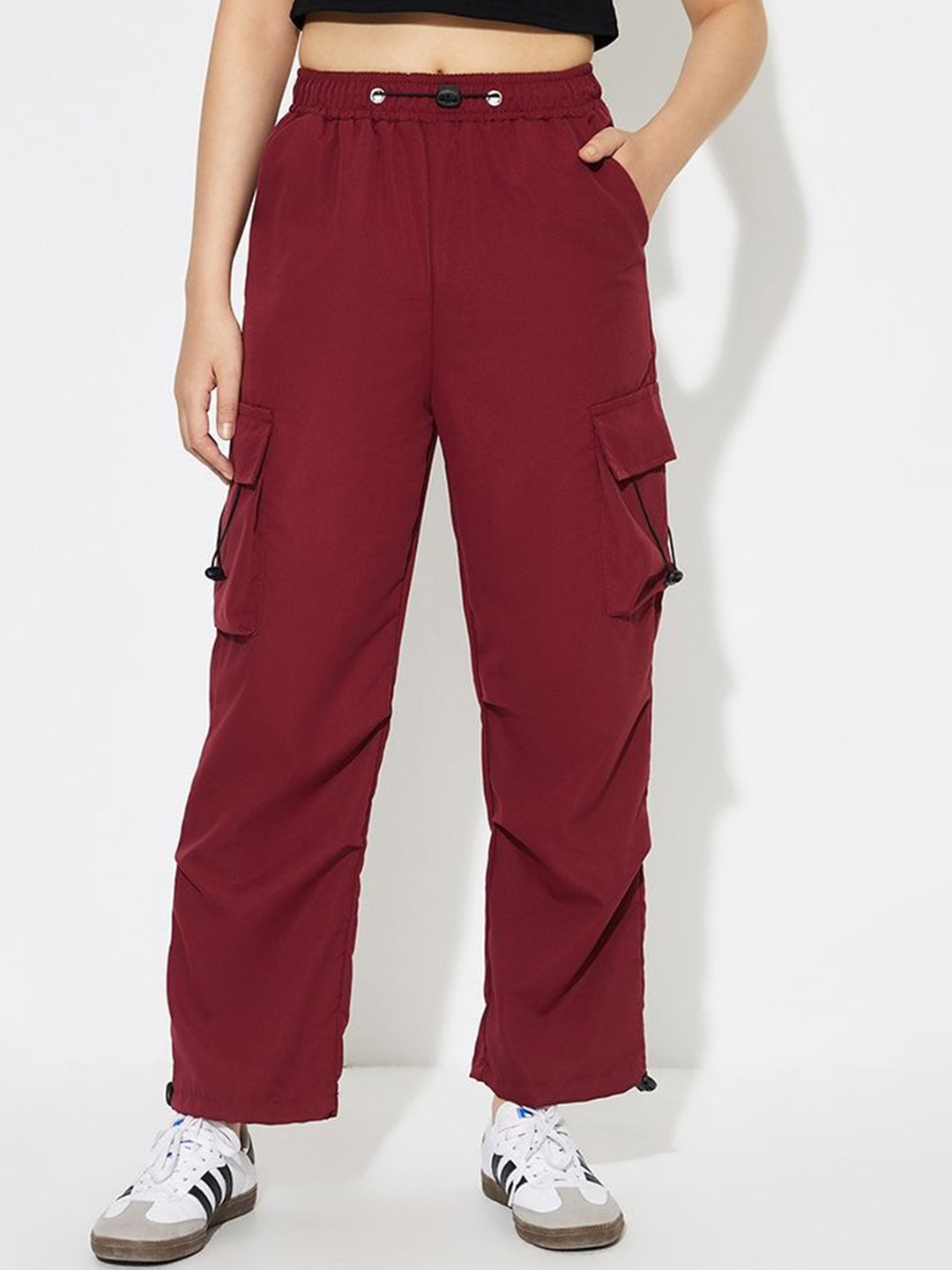 

LULU & SKY Women Solid Straight Fit High-Rise Cargos, Burgundy