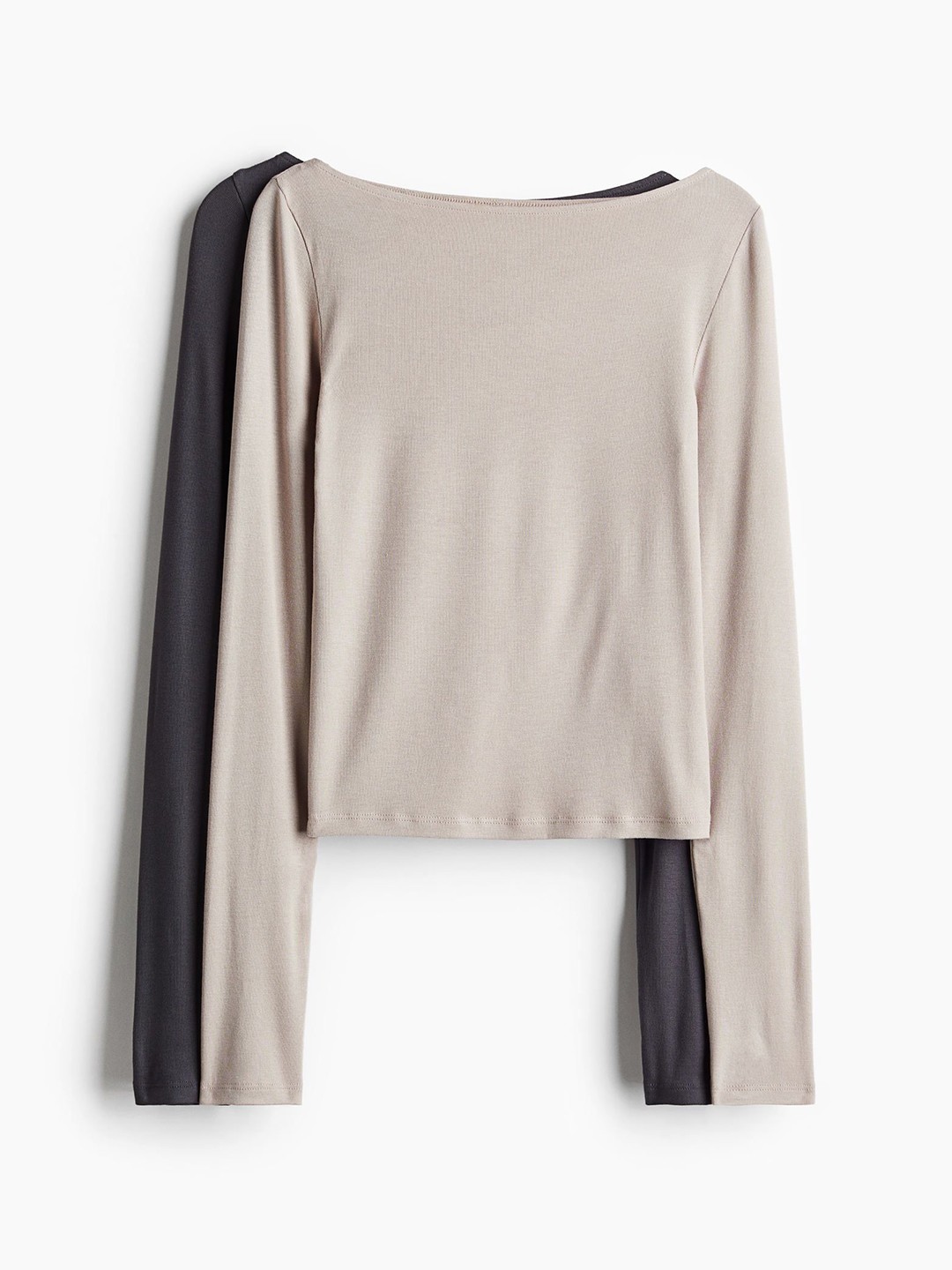 

H&M Women 2-Pack Ribbed Boat-Neck Tops, Beige