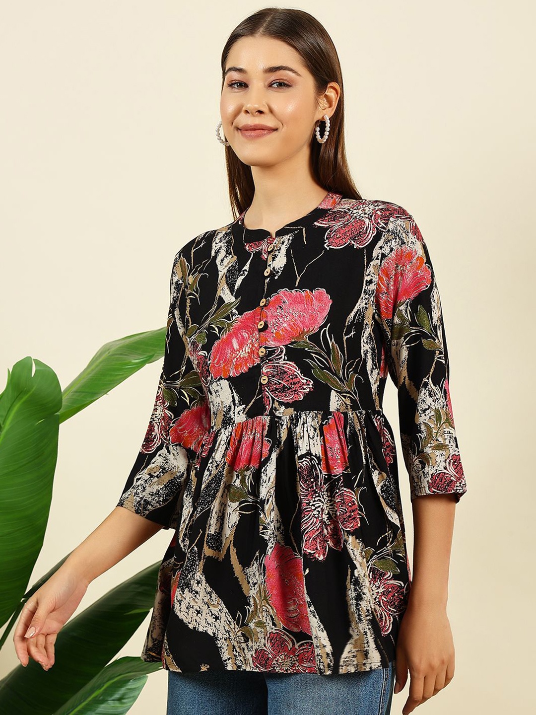 

Anouk Rustic Women Floral Printed Mandarin Collar Peplum Top, Black