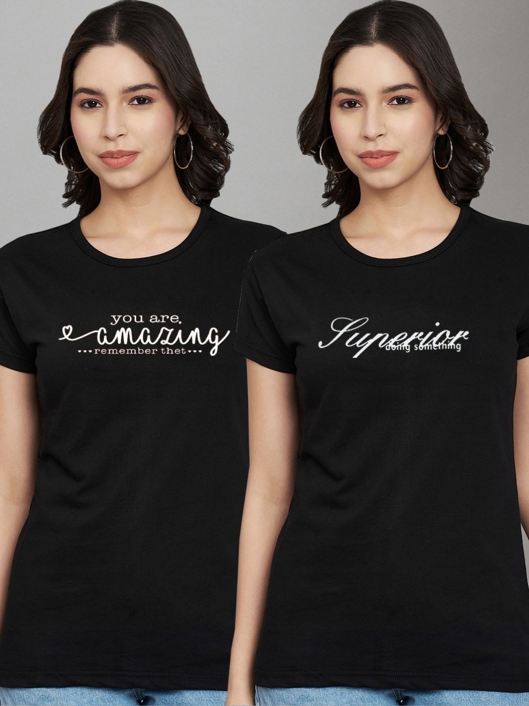 

Trend Level Women Pack Of 2 Geometric Printed Round Neck Cotton T-shirts, Black