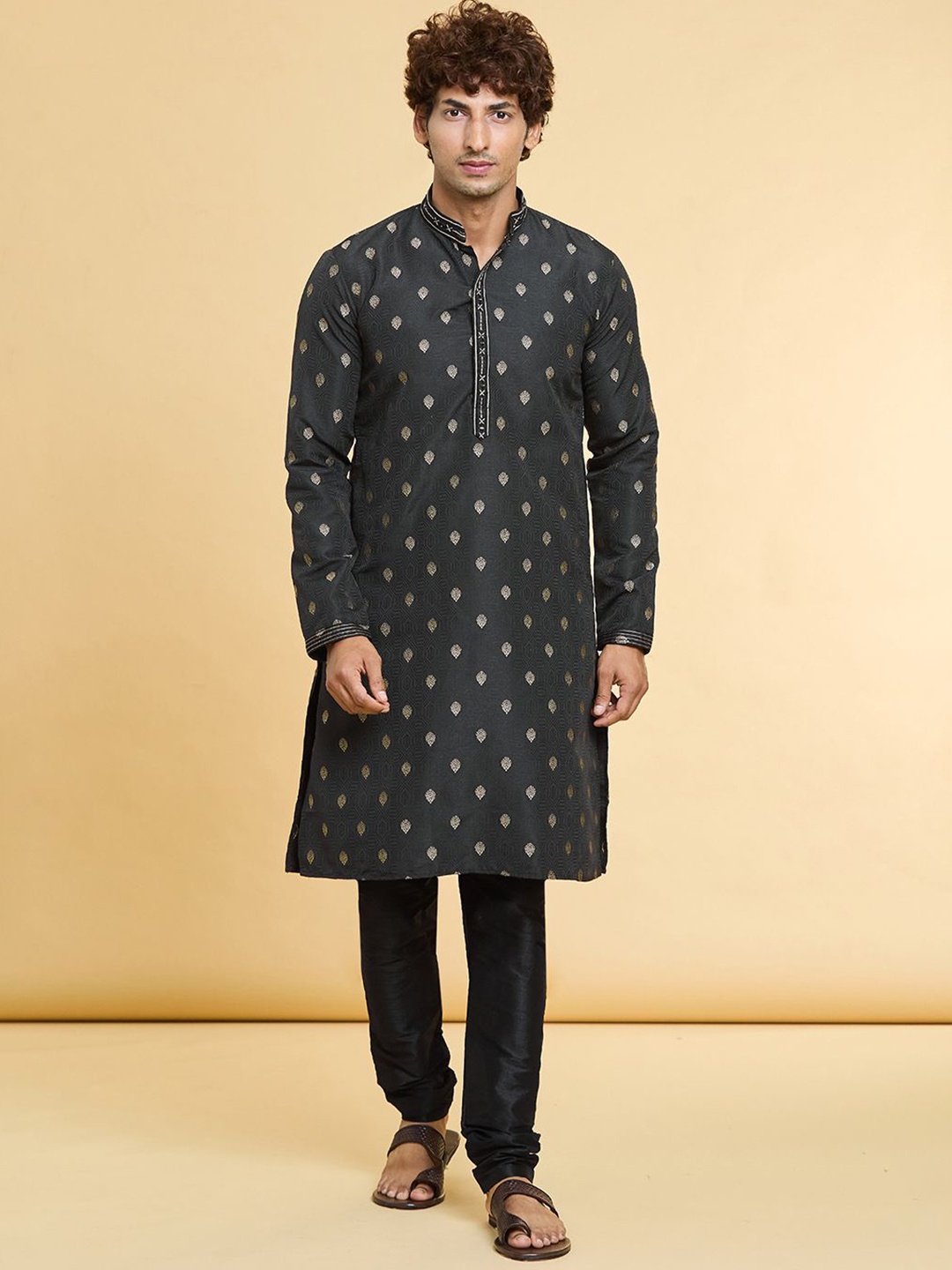 

Arihant Rai Sinha Floral Woven Design Mandarin Collar Straight Kurta With Churidar, Black