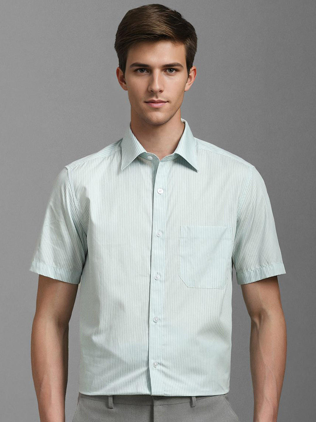 

Louis Philippe Men Classic Spread Collar Vertical Striped Cotton Formal Shirt, Turquoise blue