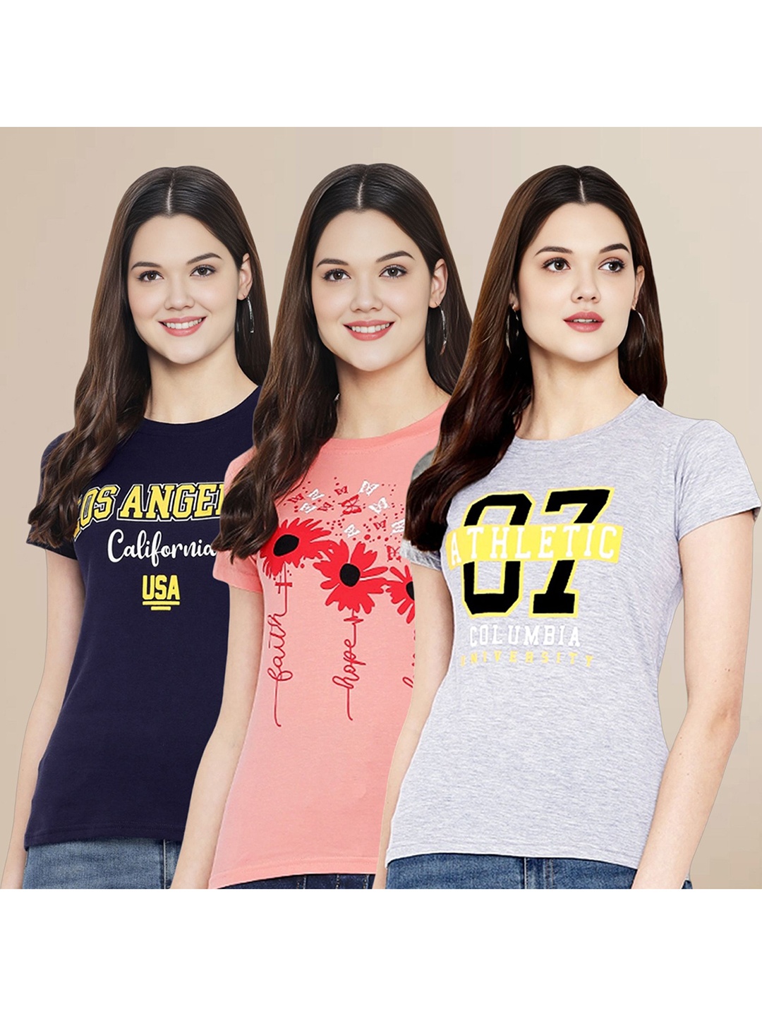 

Metronaut Women Pack Of 3 Typography Printed Round Neck Cotton T-shirts, Navy blue