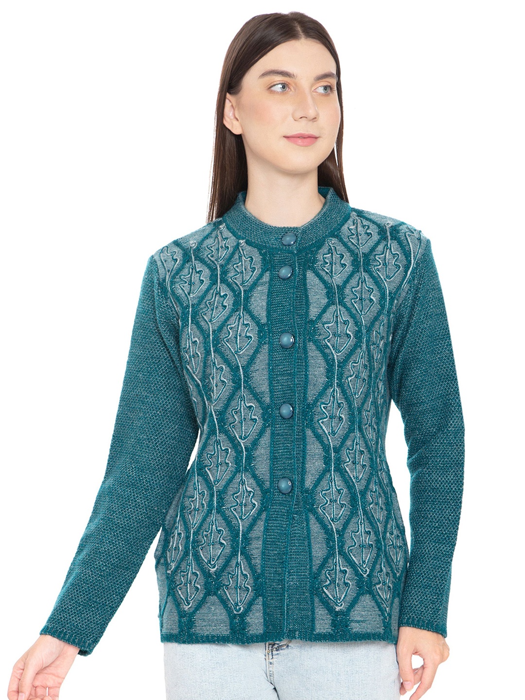 

HAUTEMODA Women Woollen Embroidered Cardigan Sweater, Green