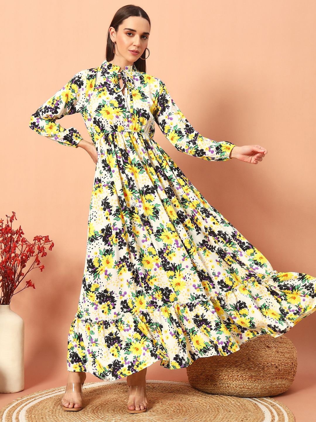 

ZWERLON Floral Printed Tie-Up Neck Bishop Sleeves Tiered Maxi Dress, White
