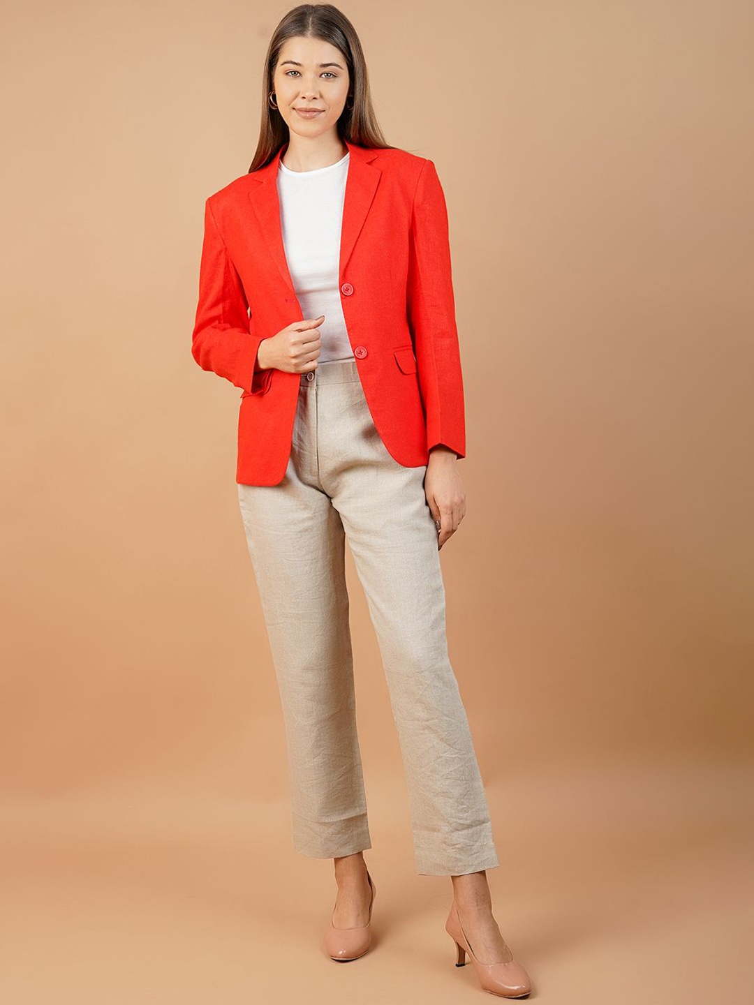 

INDOPHILIA Notched Lapel Single-Breasted Linen Blazers, Orange