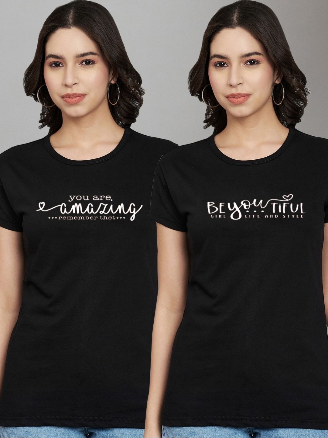 

Trend Level Women Pack Of 2 Geometric Printed Round Neck Cotton T-shirts, Black