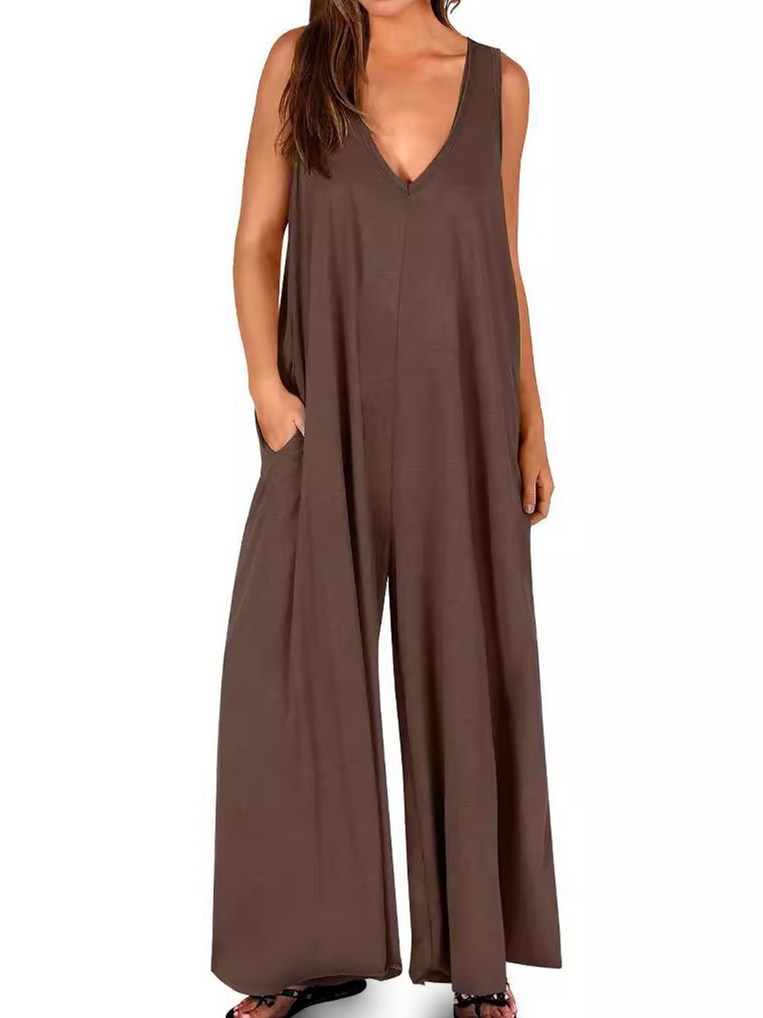 

StyleCast Women V-neck Sleeveless Basic Jumpsuit, Coffee brown