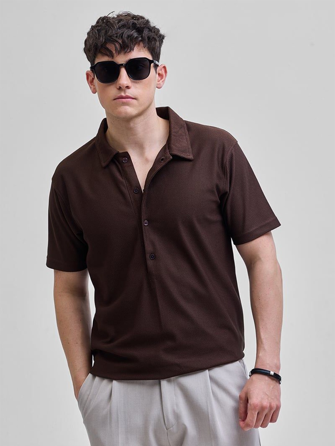 

Snitch Men Self Design Polo Collar Slim Fit T-shirt, Brown