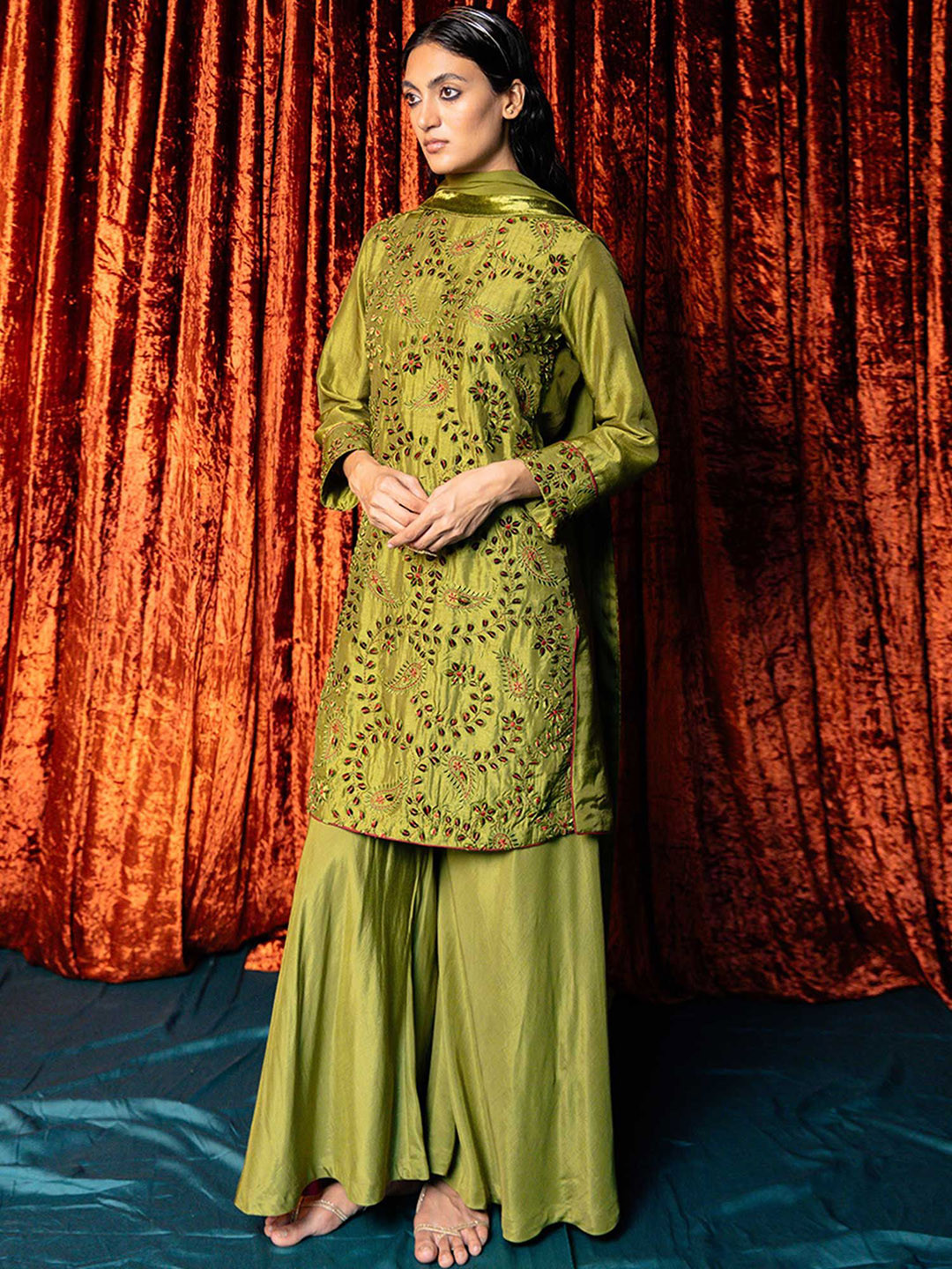 

Ganga Floral Embroidered Straight Kurta with Sharara & Dupatta, Green