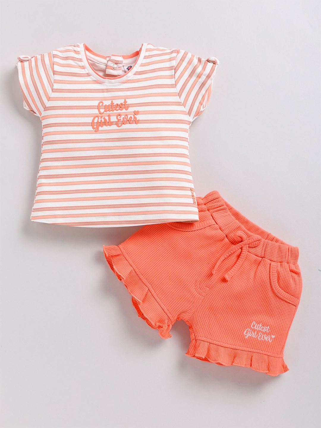 

Annie Infants Girls Striped Round Neck Pure Cotton Top with Shorts, Peach