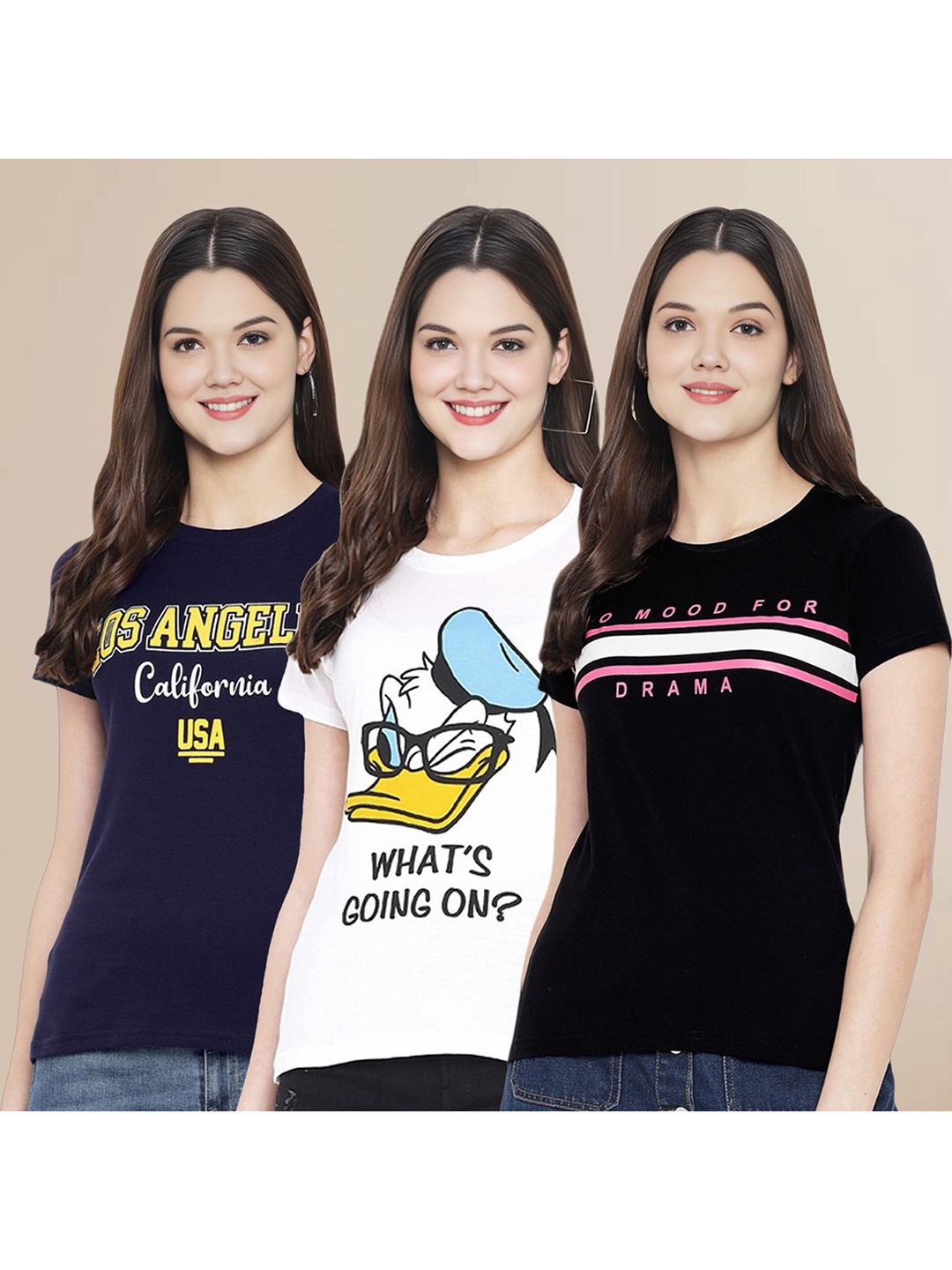 

Metronaut Women Pack Of 3 Typography Printed Round Neck Cotton Donald Duck T-shirts, Navy blue