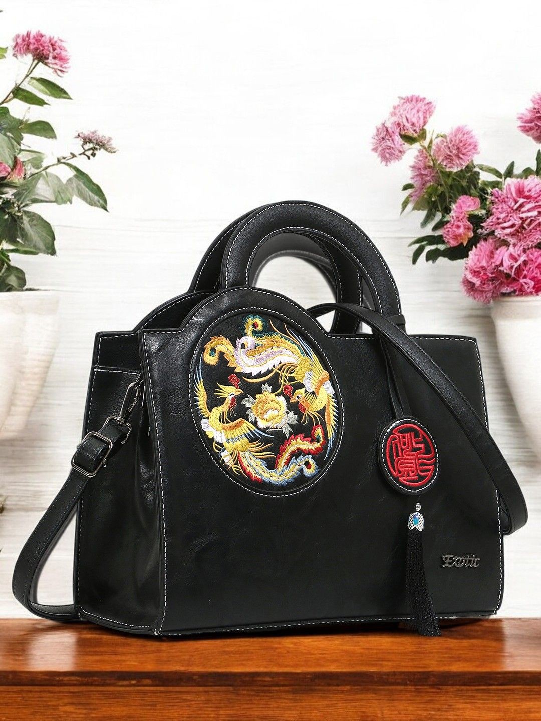 

Exotic Women Textured Structured Leather Handheld Bag, Black