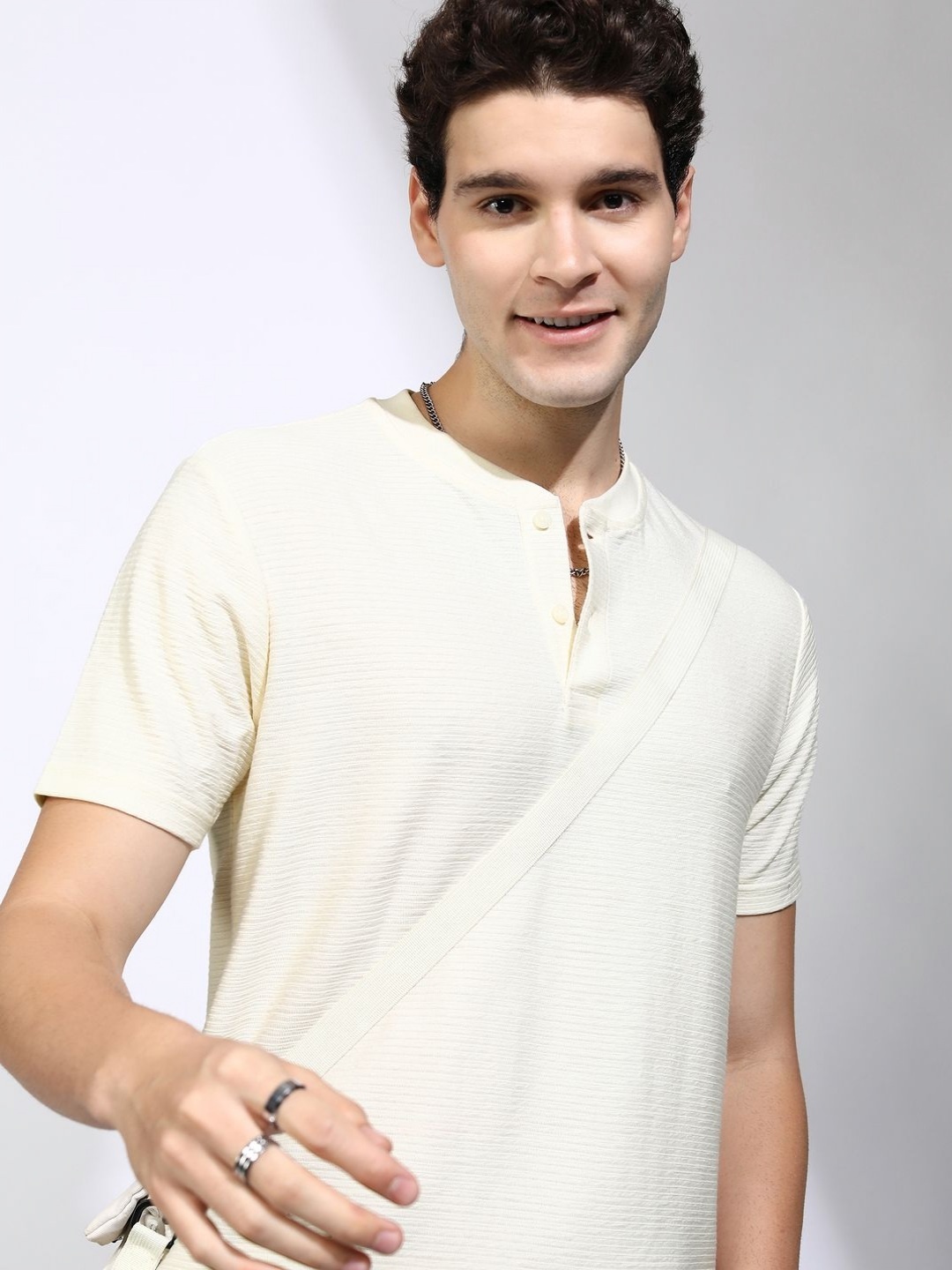 

HIGHLANDER Men Self Design Henley Neck Cotton T-shirt, Cream