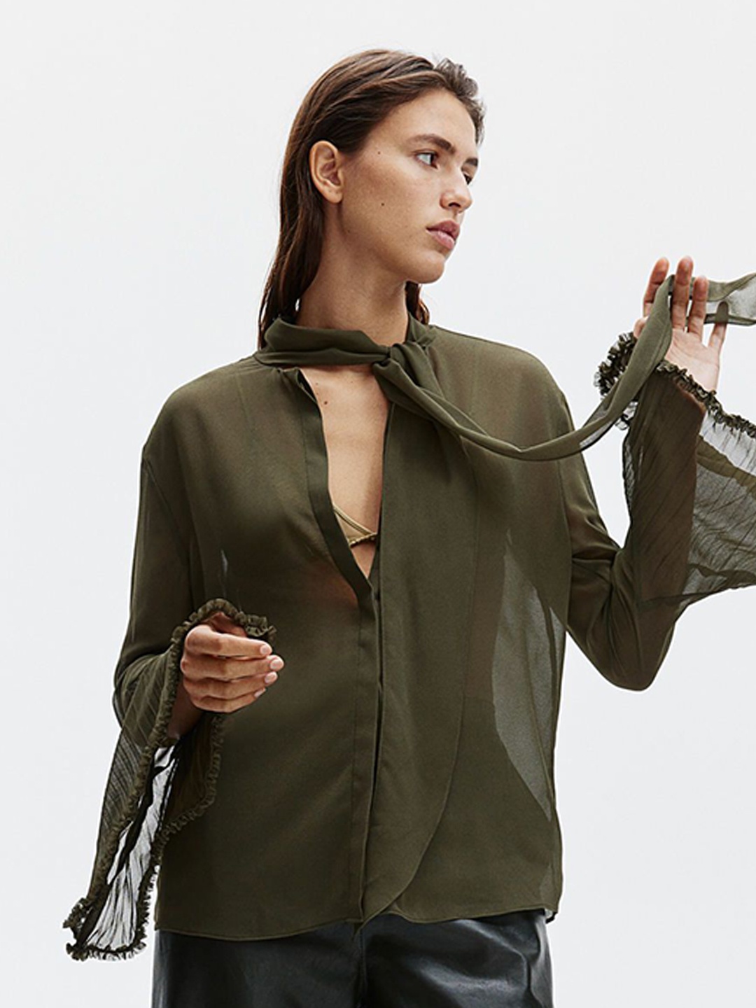 

H&M Women Tie-Neck Chiffon Blouse, Green