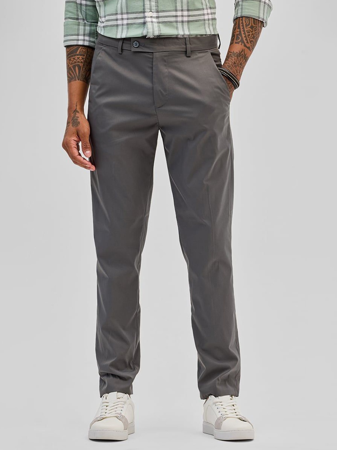 

Snitch Men Cotton Smart Slim Fit Chinos Trousers, Grey