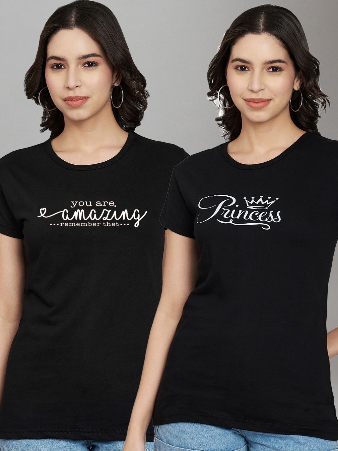 

Trend Level Women Pack Of 2 Typography Printed Round Neck Cotton T-shirts, Black
