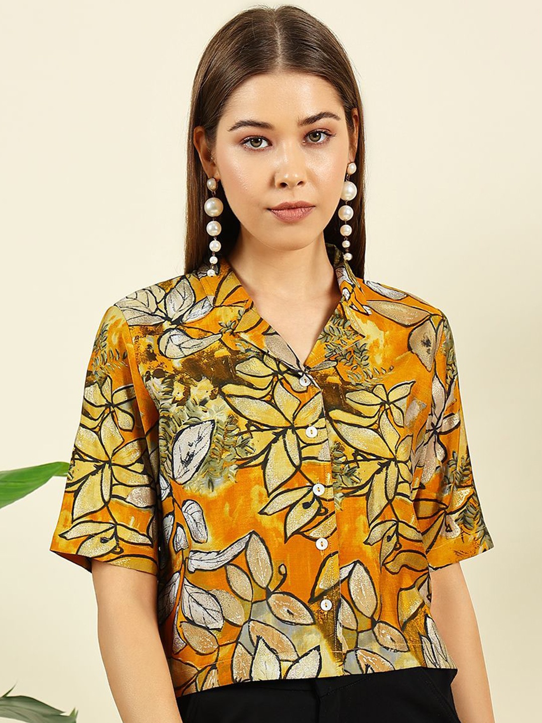 

Anouk Rustic Printed Shirt Style Crop Top, Mustard