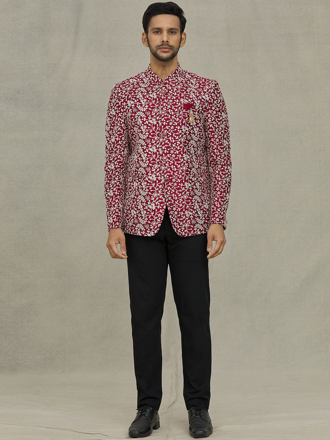 

Aryavir Malhotra Floral Embroidered Mandarin Collar Silk Bandhgala Blazer, Maroon