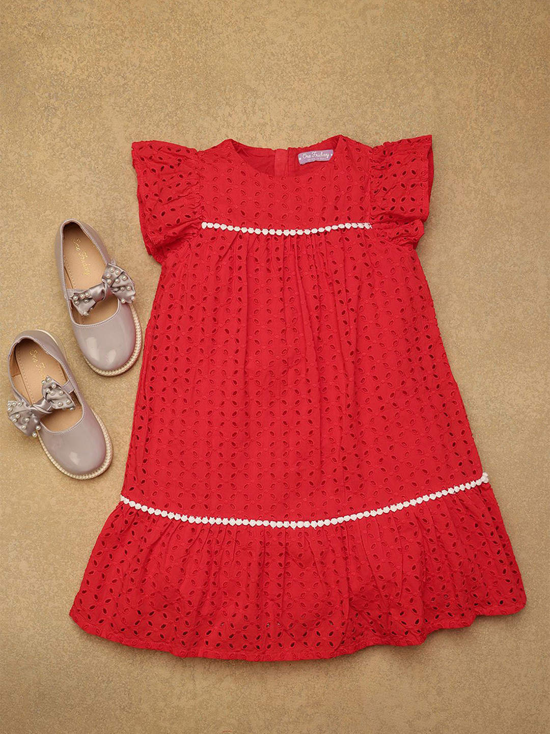 

One Friday Girls Schiffli Pure Cotton A-Line Dress, Red