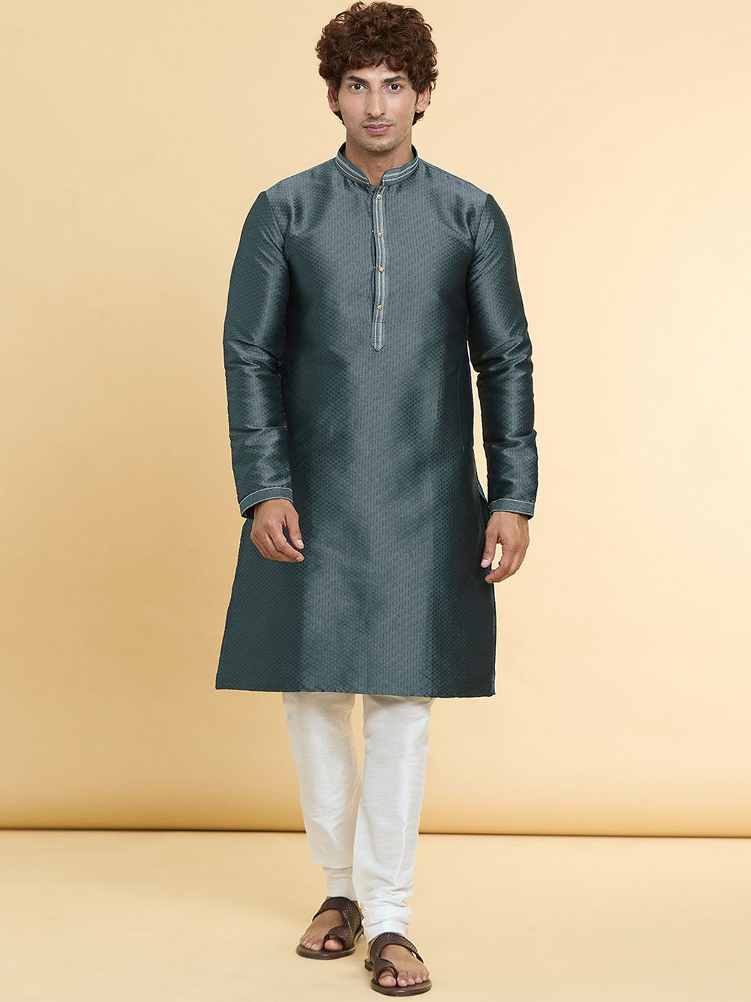 

Arihant Rai Sinha Woven Design Straight Kurta with Churidar, Grey