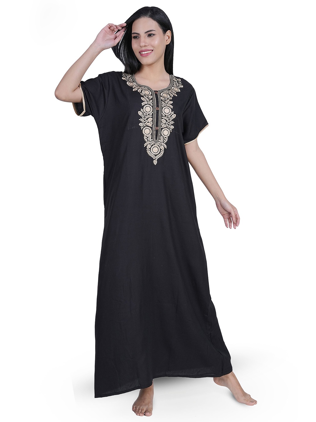 

Noty Women Ethnic Motifs Embroidered Maxi Nightdress, Black