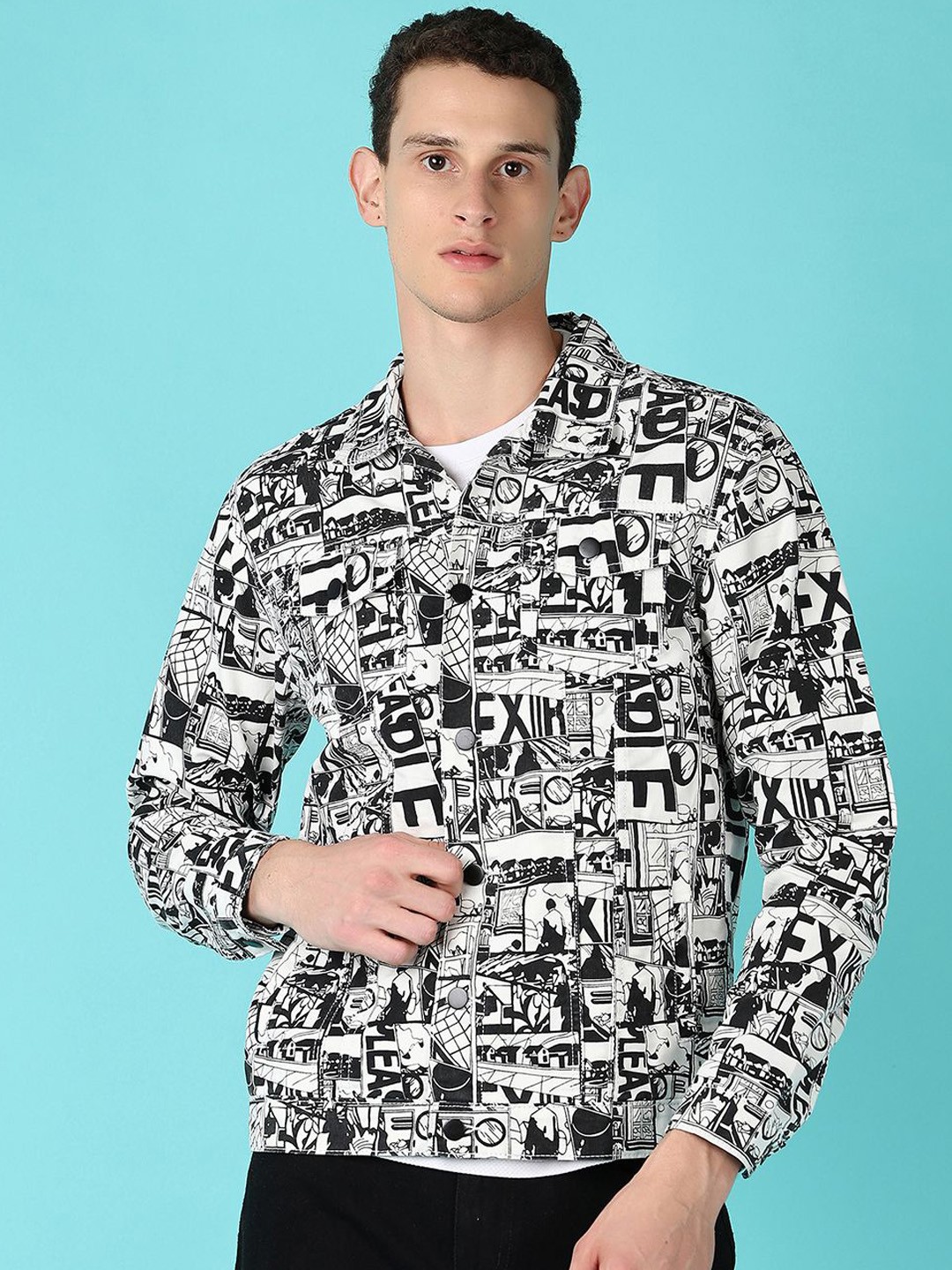 

V-Mart Men Spread Collar Graphic Printed Denim Casual Denim Jacket, White