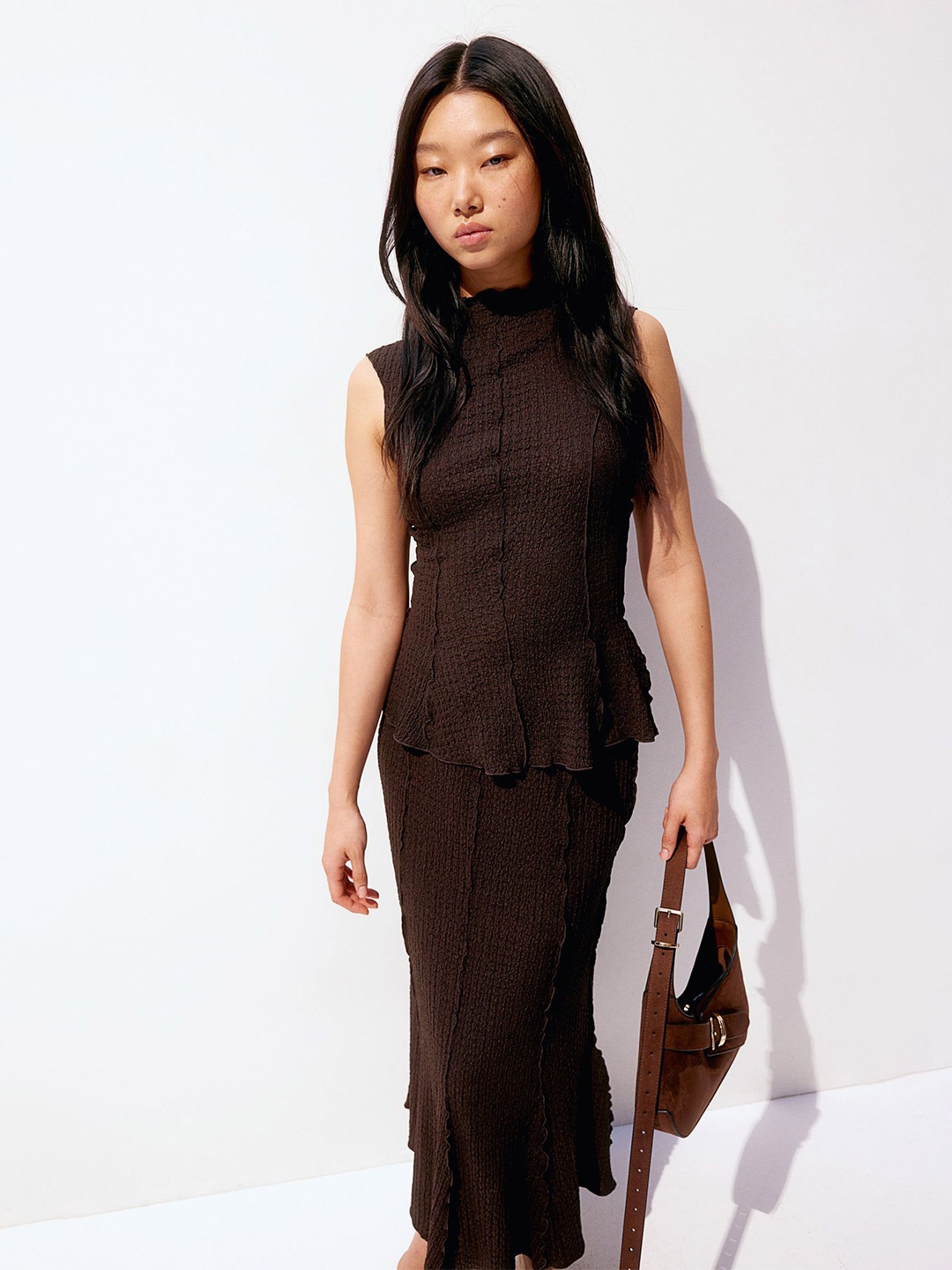 

H&M Women Overlock-Detail Textured Peplum Top, Brown