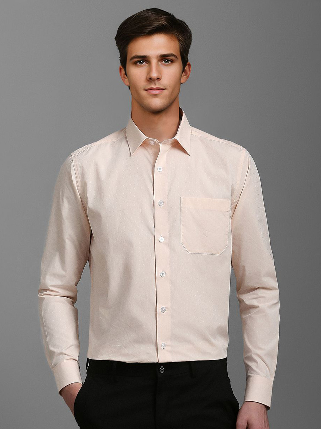 

Louis Philippe Men Spread Collar Micro Ditsy Printed Cotton Slim Fit Formal Shirt, Peach