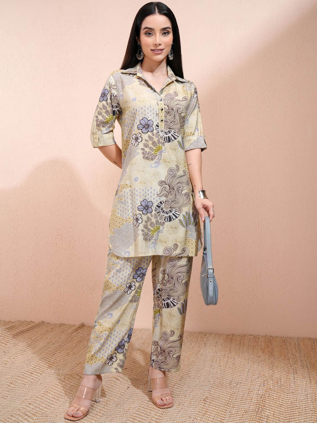 

Vishudh Yellow Floral Printed Shirt Collar Three-Quarter Sleeves Top With Trouser