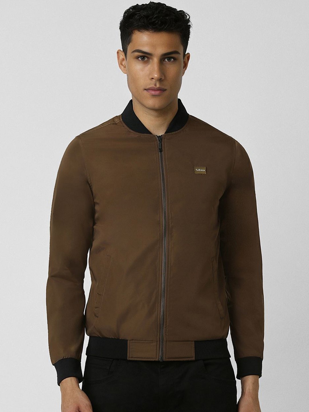 

Van Heusen Men Stand Collar Solid Casual Bomber Jacket, Brown