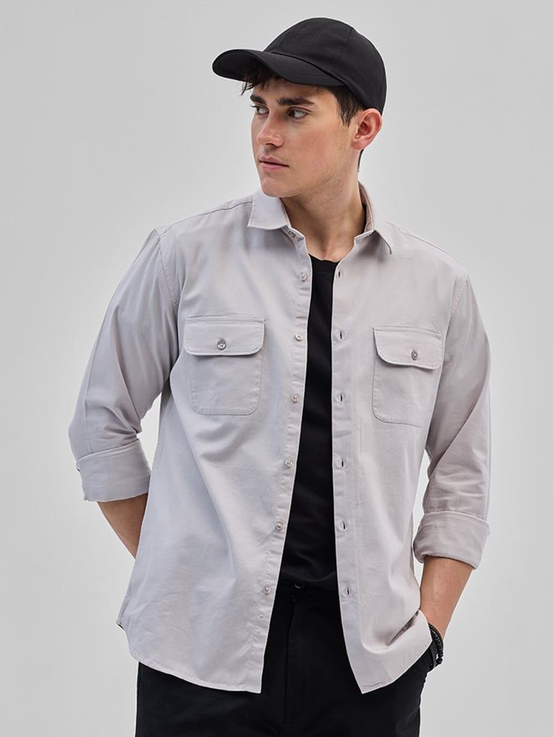 

Snitch Men Smart Spread Collar Solid Cotton Casual Shirt, Grey