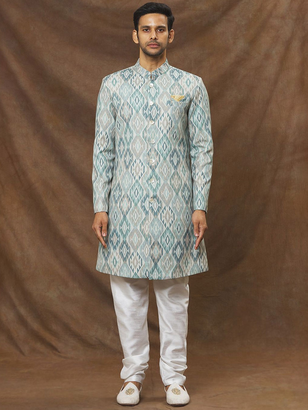 

Arihant Rai Sinha Men Geometrical Printed Sherwani With Churidar Set, Blue