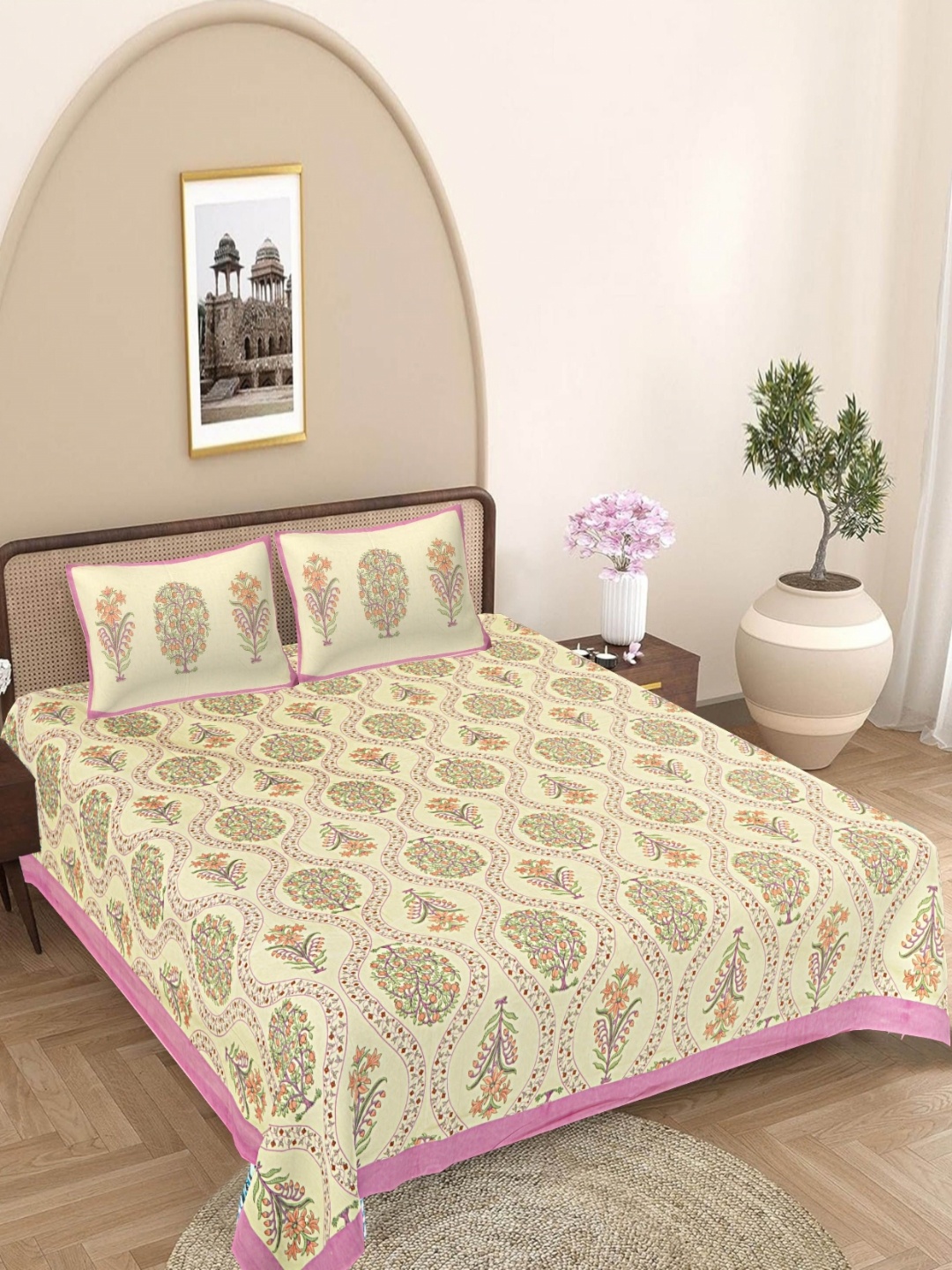 

FrionKandy Living Pink Floral Printed 180 TC Cotton King Bedsheet Set 2.12 m x 2.62 m