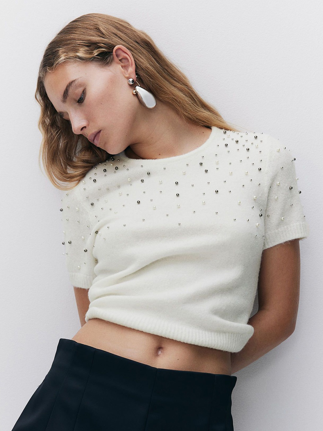 

H&M Embellished Fine-Knit Top, White