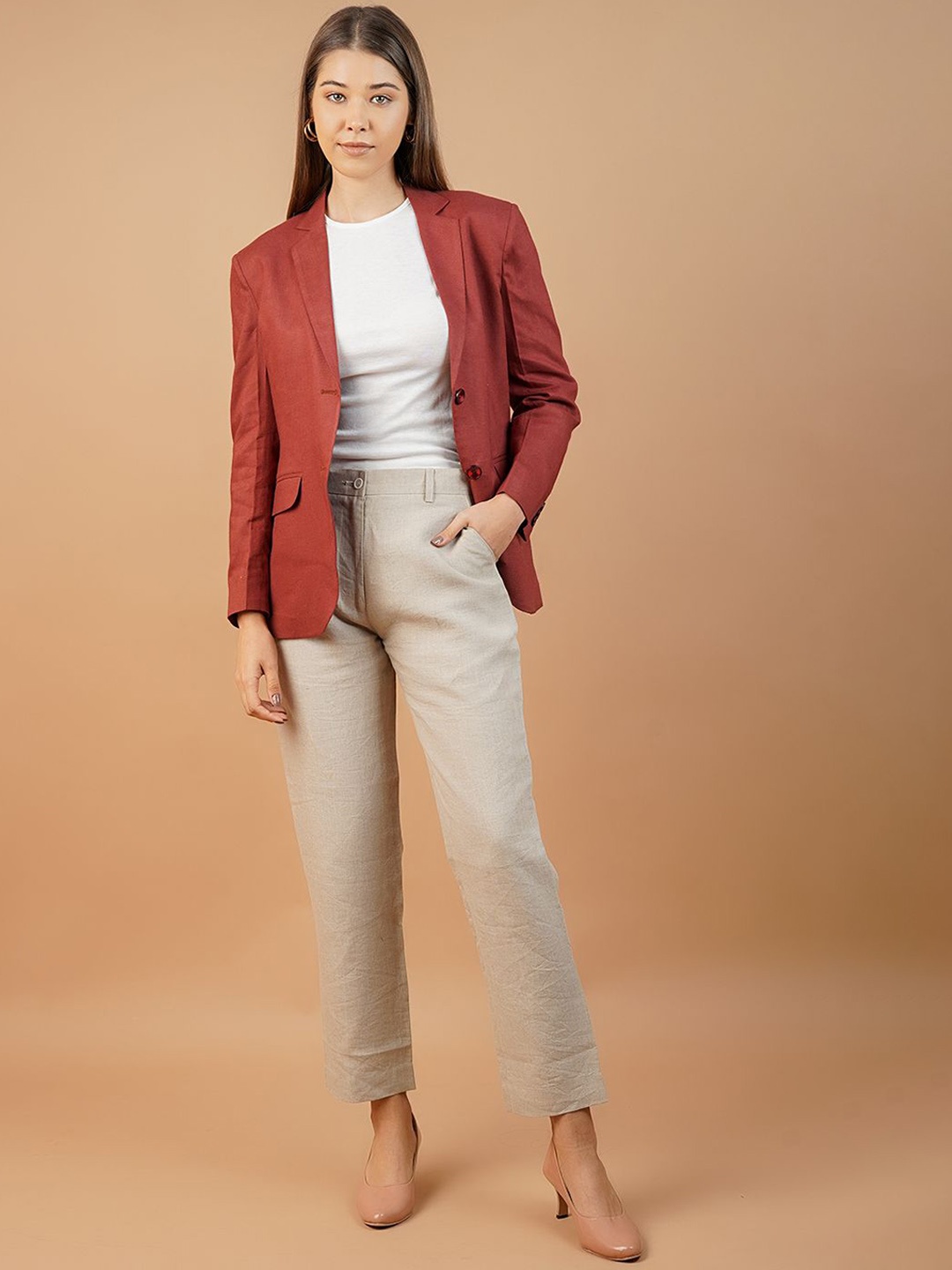 

INDOPHILIA Notched Lapel Single Breasted Linen Blazer, Red