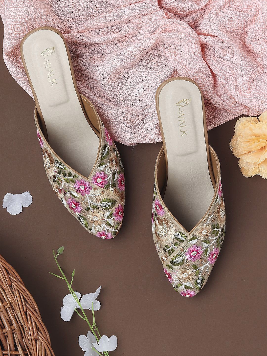 

V-WALK Women Floral Embroidered Ethnic Block Heel Sandals, Beige