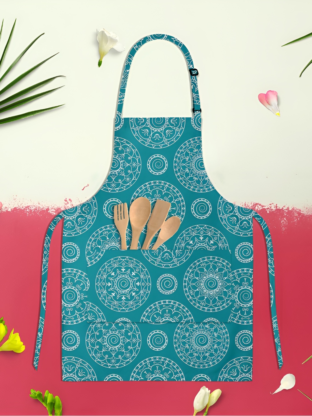 

ArtzFolio Kids Teal Blue & White Printed Cotton Aprons