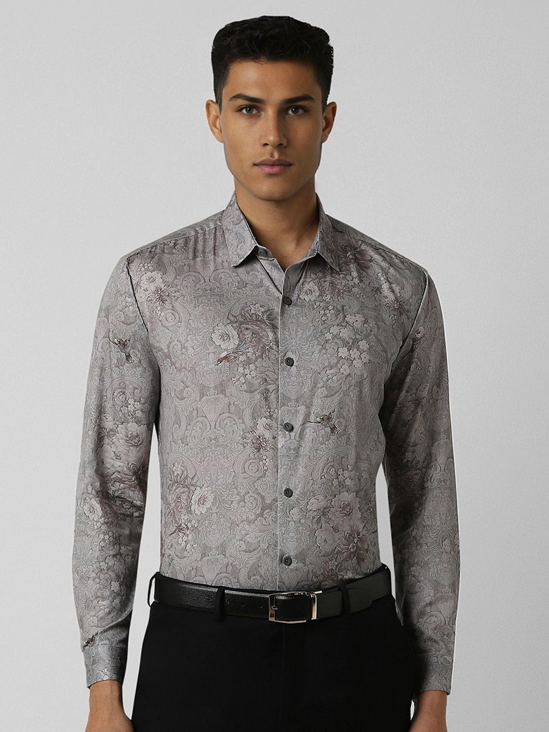 

V Dot Men Spread Collar Floral Printed Cotton Slim Fit Formal Shirt, Grey